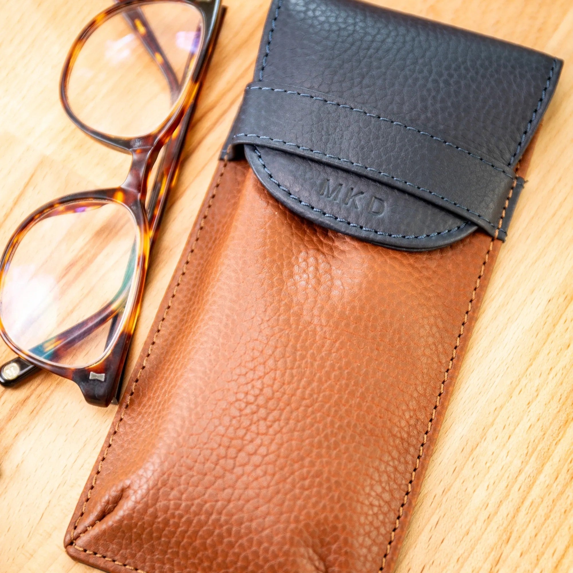 Personalised Pebble Grain Leather Fold Over Glasses Case - Navy / Tan