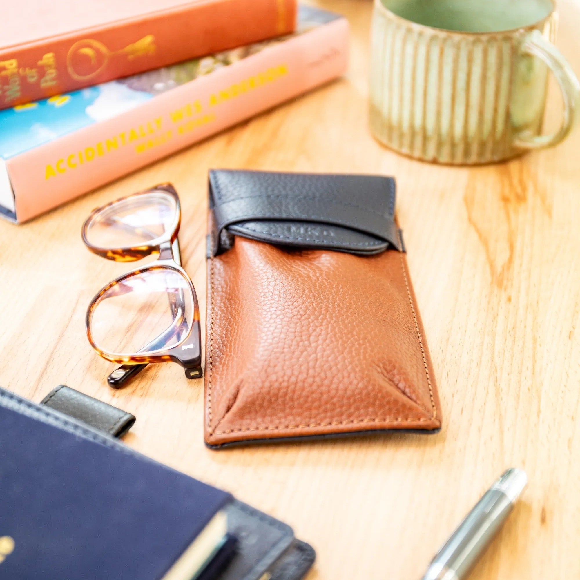 Personalised Pebble Grain Leather Fold Over Glasses Case - Navy / Tan