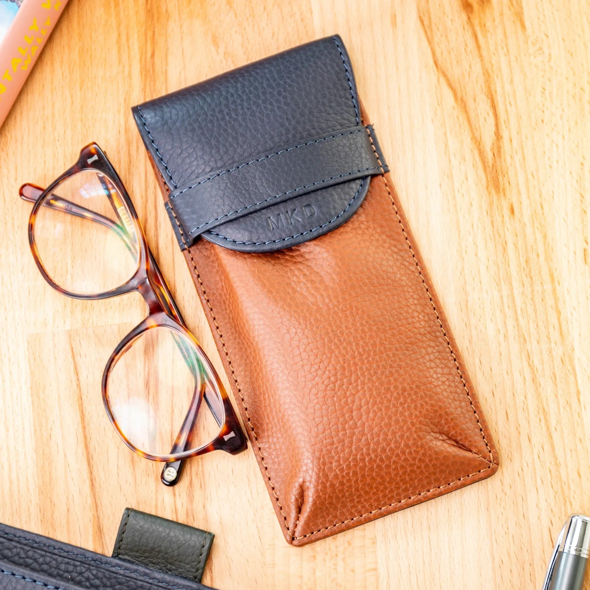 Personalised Pebble Grain Leather Fold Over Glasses Case - Navy / Tan
