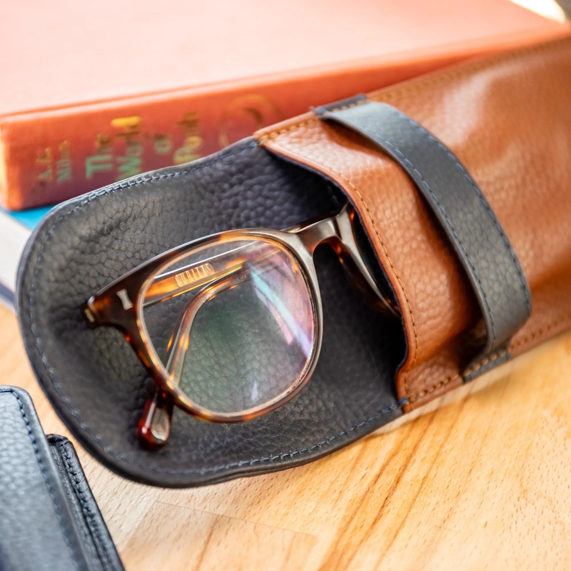 Personalised Pebble Grain Leather Fold Over Glasses Case - Navy / Tan