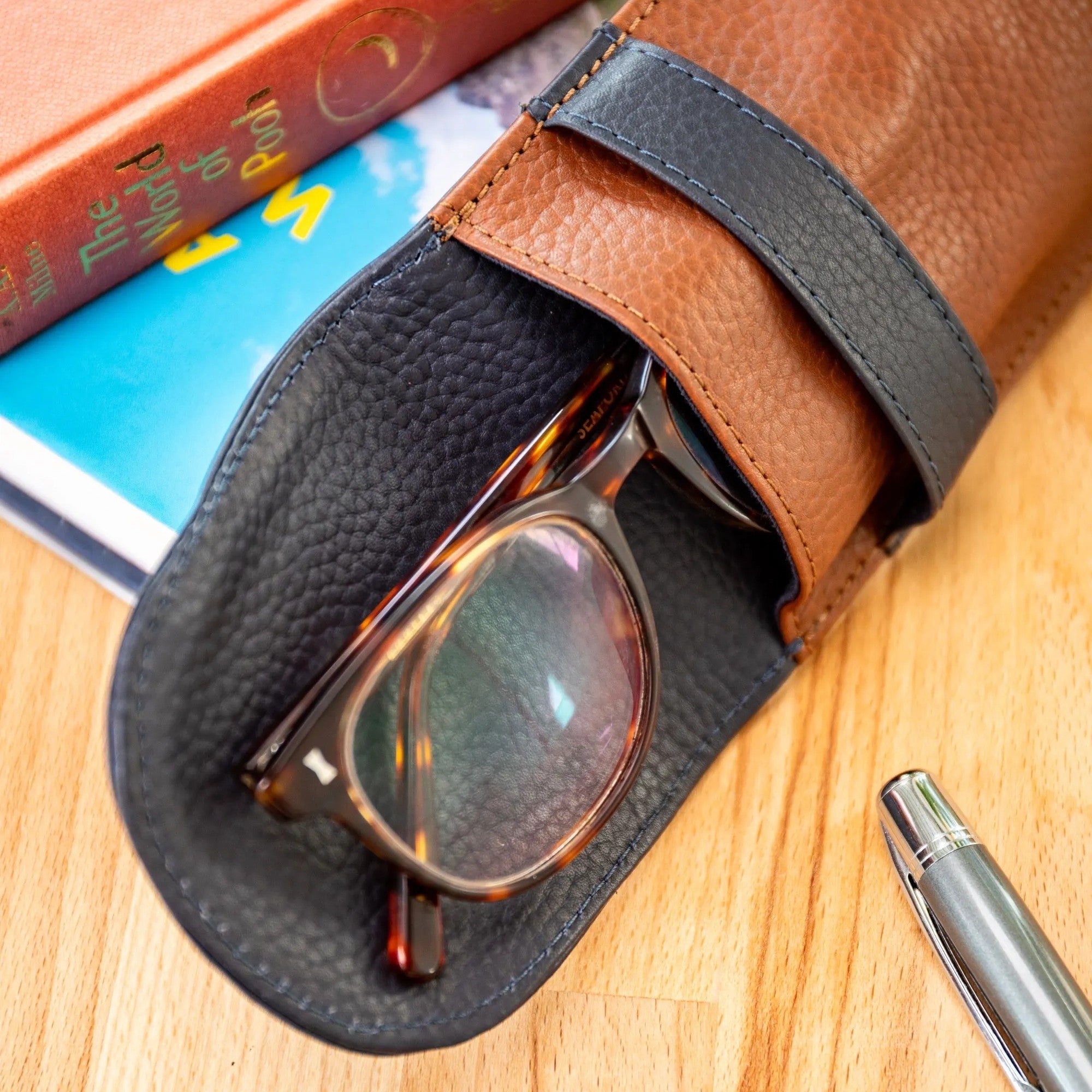 Personalised Pebble Grain Leather Fold Over Glasses Case - Navy / Tan
