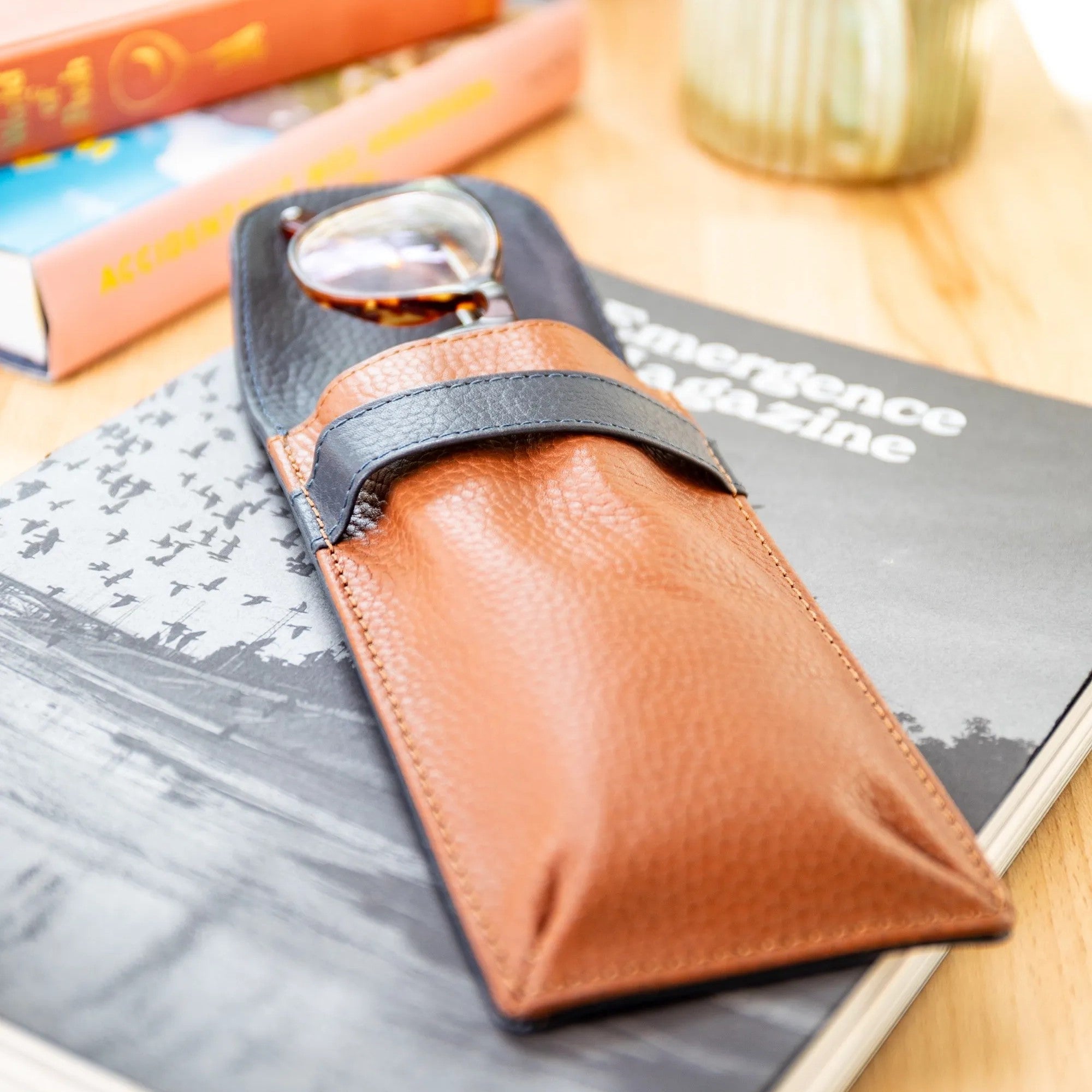 Personalised Pebble Grain Leather Fold Over Glasses Case - Navy / Tan