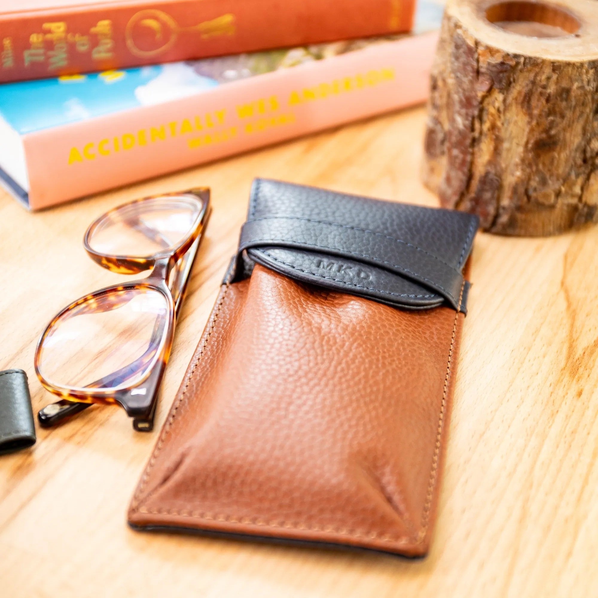 Personalised Pebble Grain Leather Fold Over Glasses Case - Navy / Tan