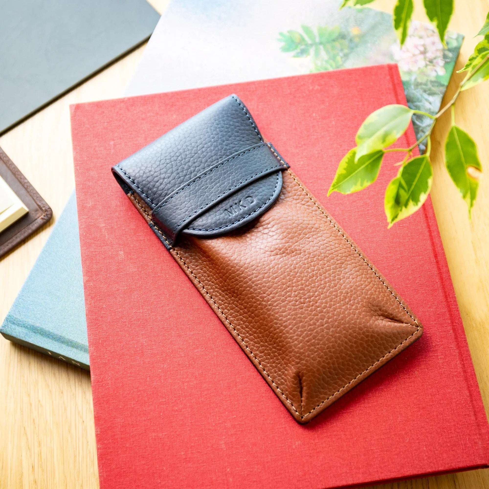 Personalised Pebble Grain Leather Fold Over Glasses Case - Navy / Tan