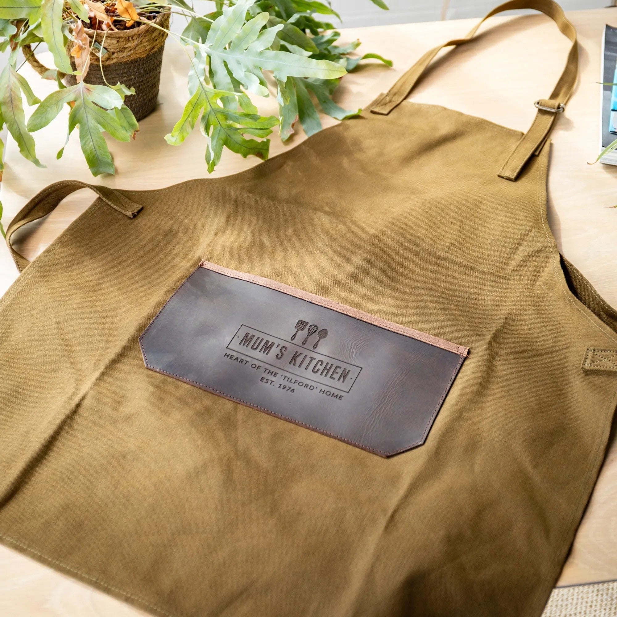 Personalised Leather and Canvas Apron - Olive
