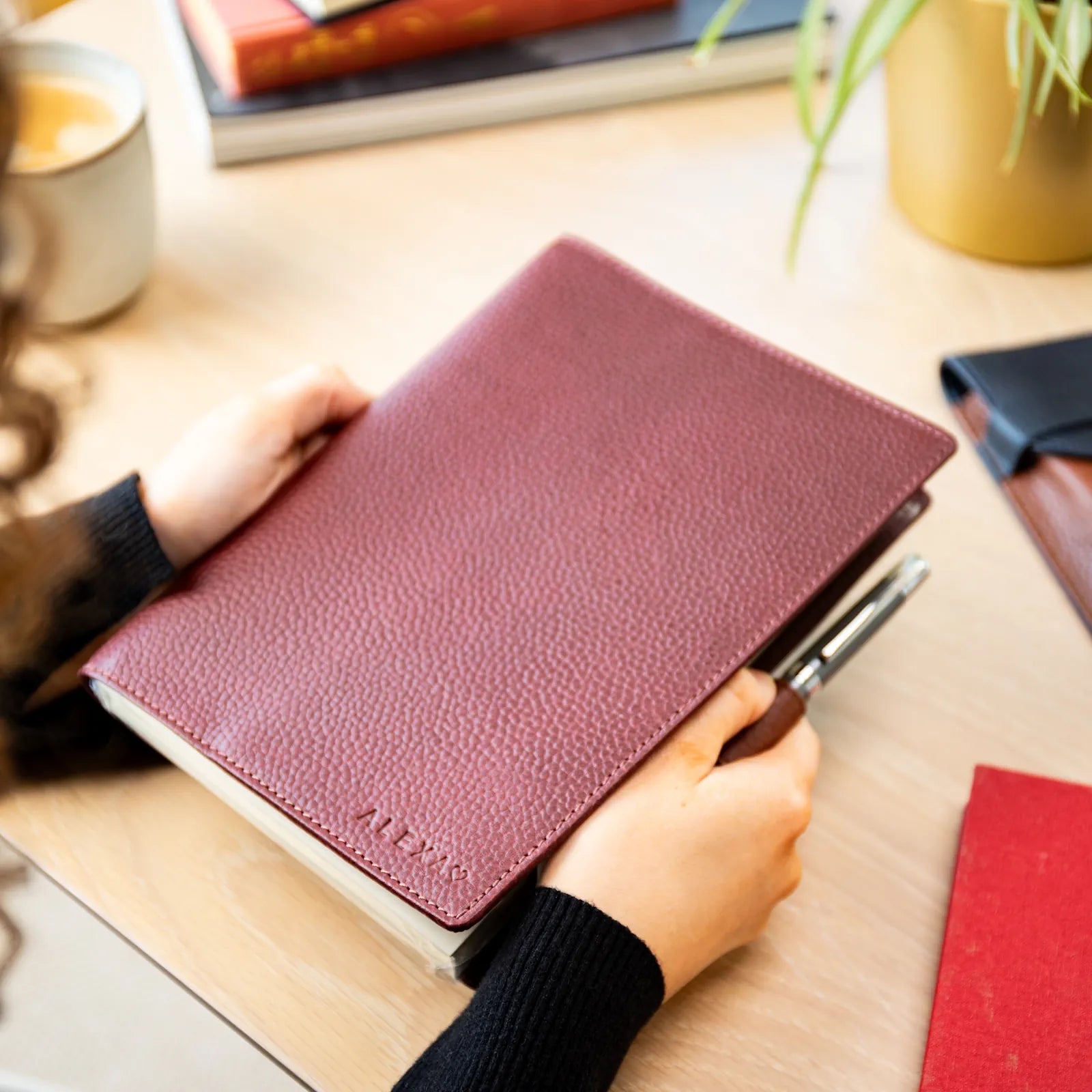 Personalised Pebble Grain Leather Diary - Burgundy / Tan