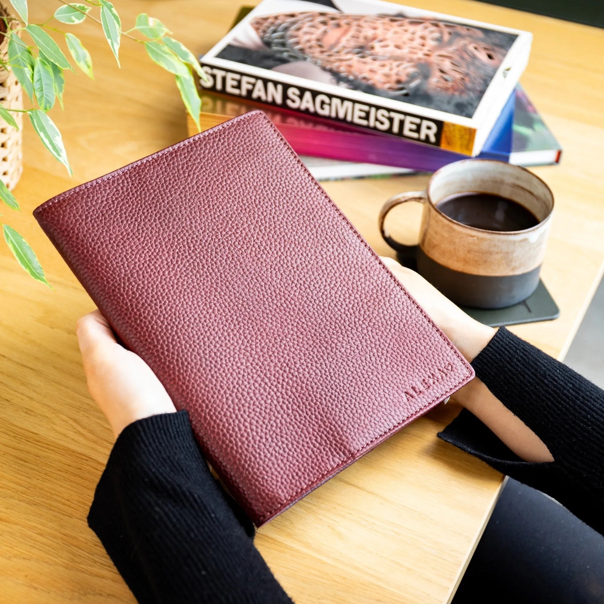 Personalised Pebble Grain Leather Notebook - Burgundy / Tan