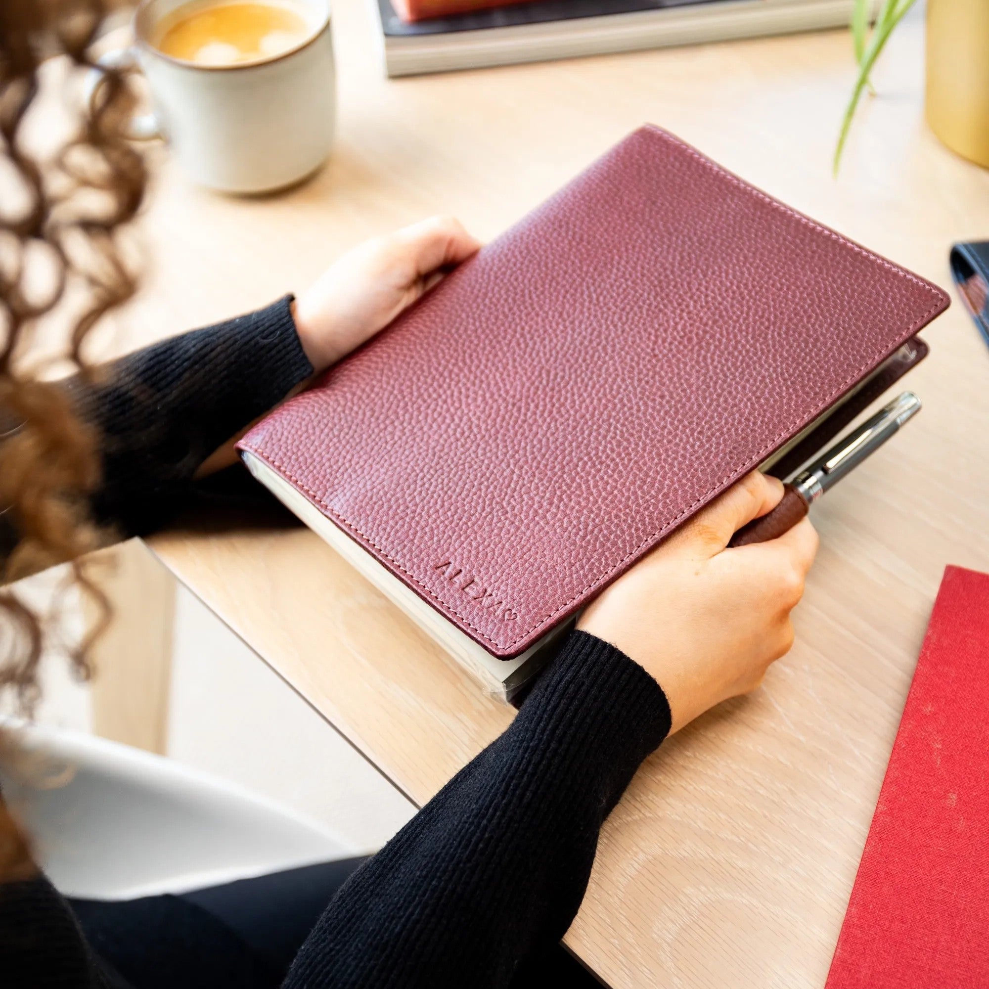 Personalised Pebble Grain Leather Notebook - Burgundy / Tan