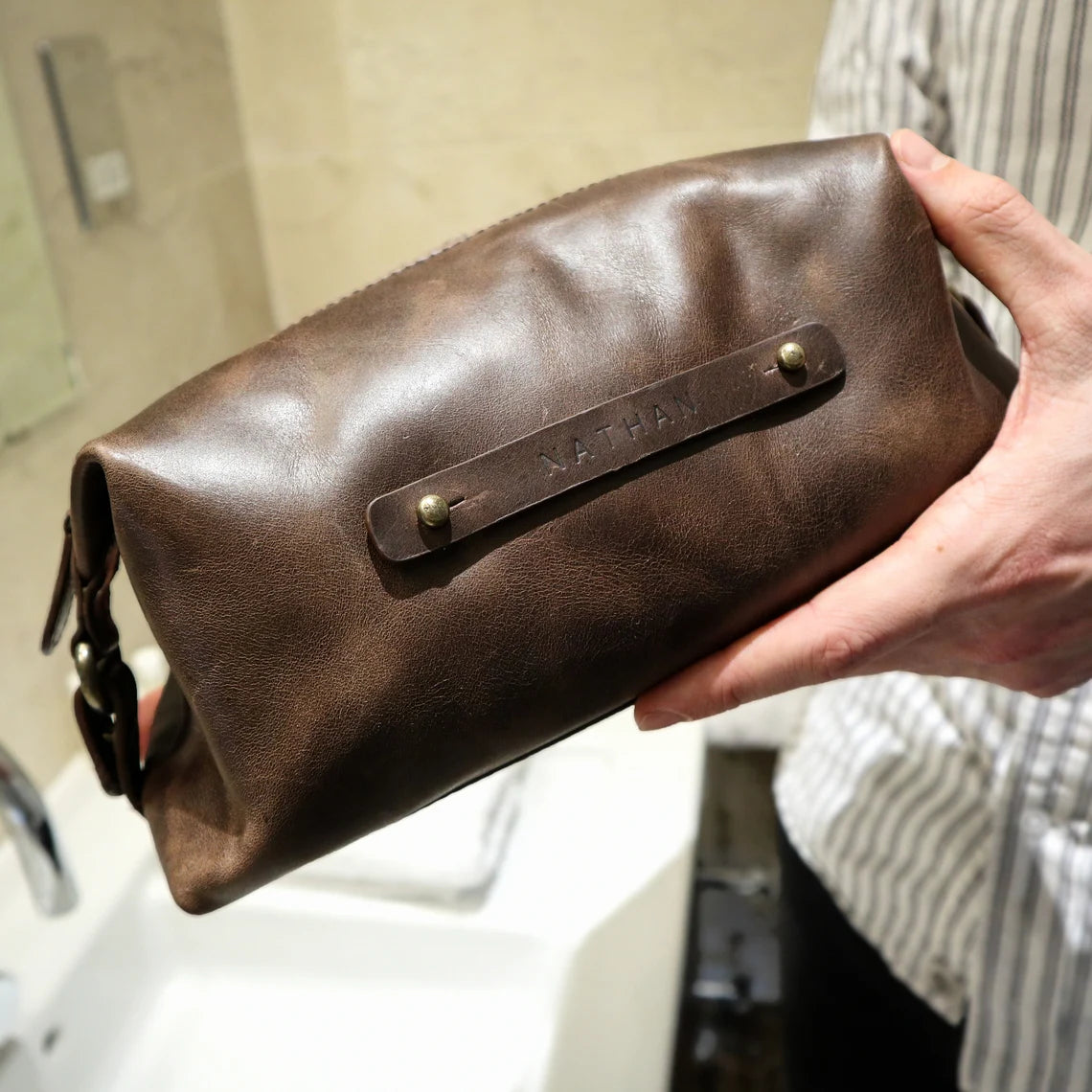 Personalised Collar Stud Leather Washbag - Brown