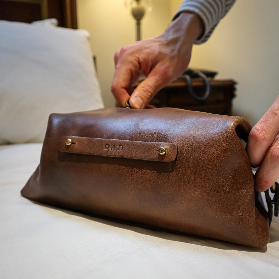 Personalised Collar Stud Leather Washbag - Brown