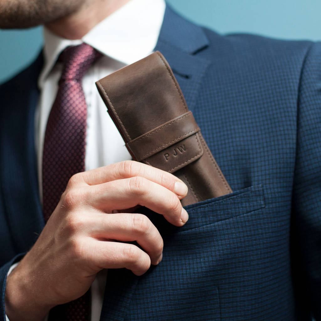 Pen and Pencil set with Personalised Leather Case - Brown