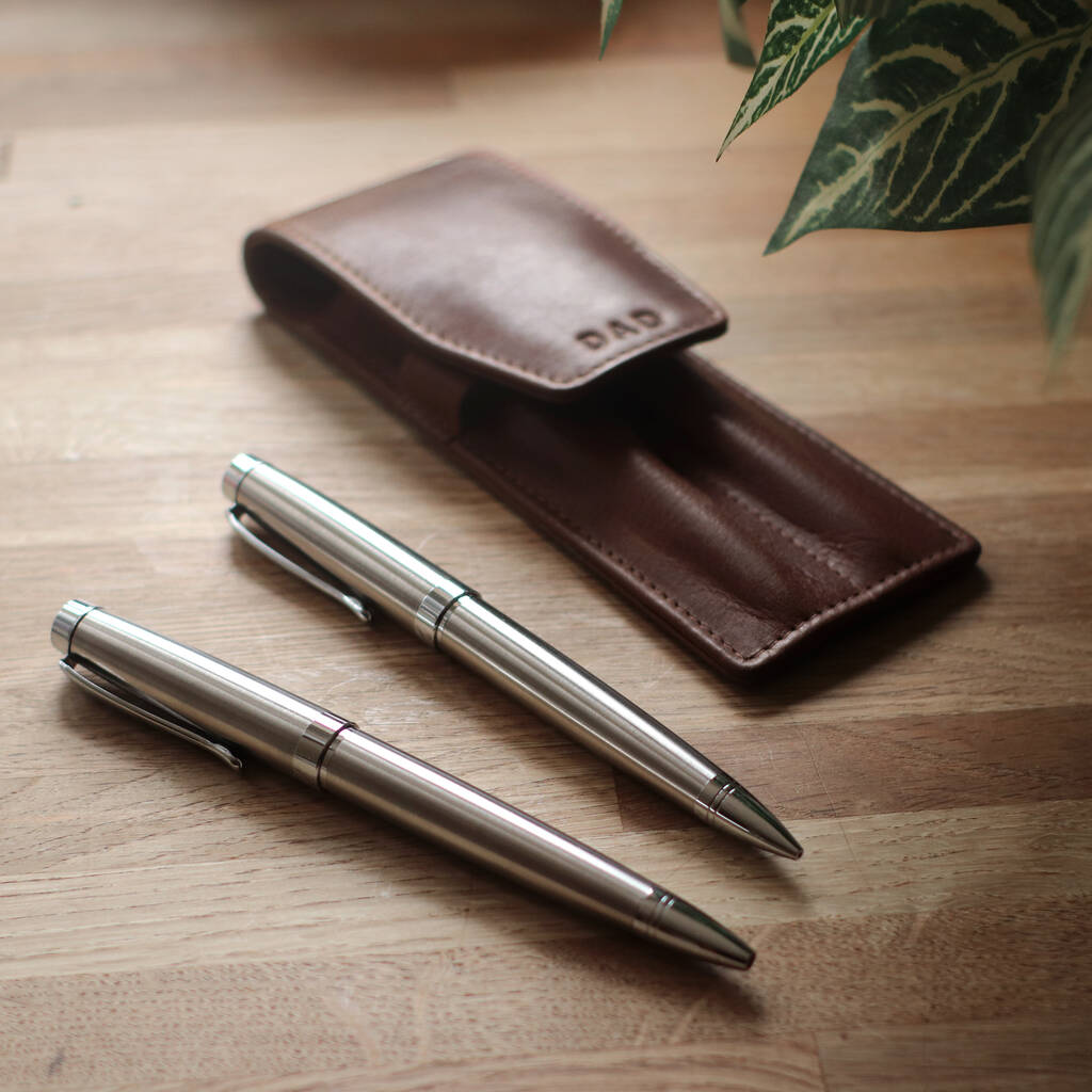 Pen and Pencil set with Personalised Leather Case - Brown