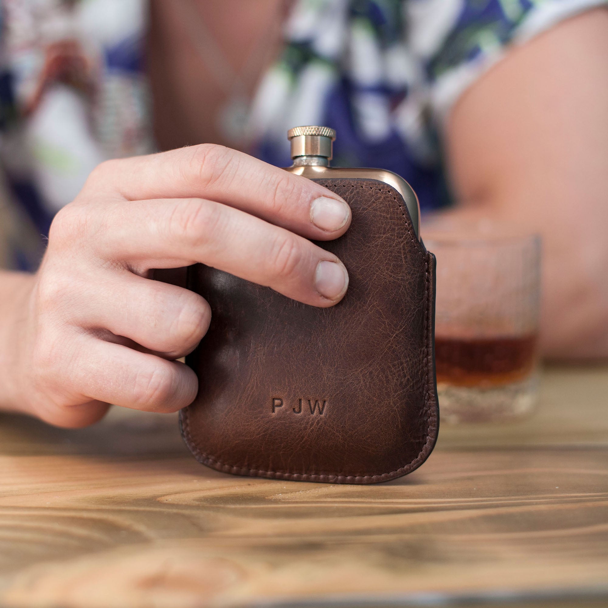 Copper Hip Flask With Personalised Leather Sleeve - Brown