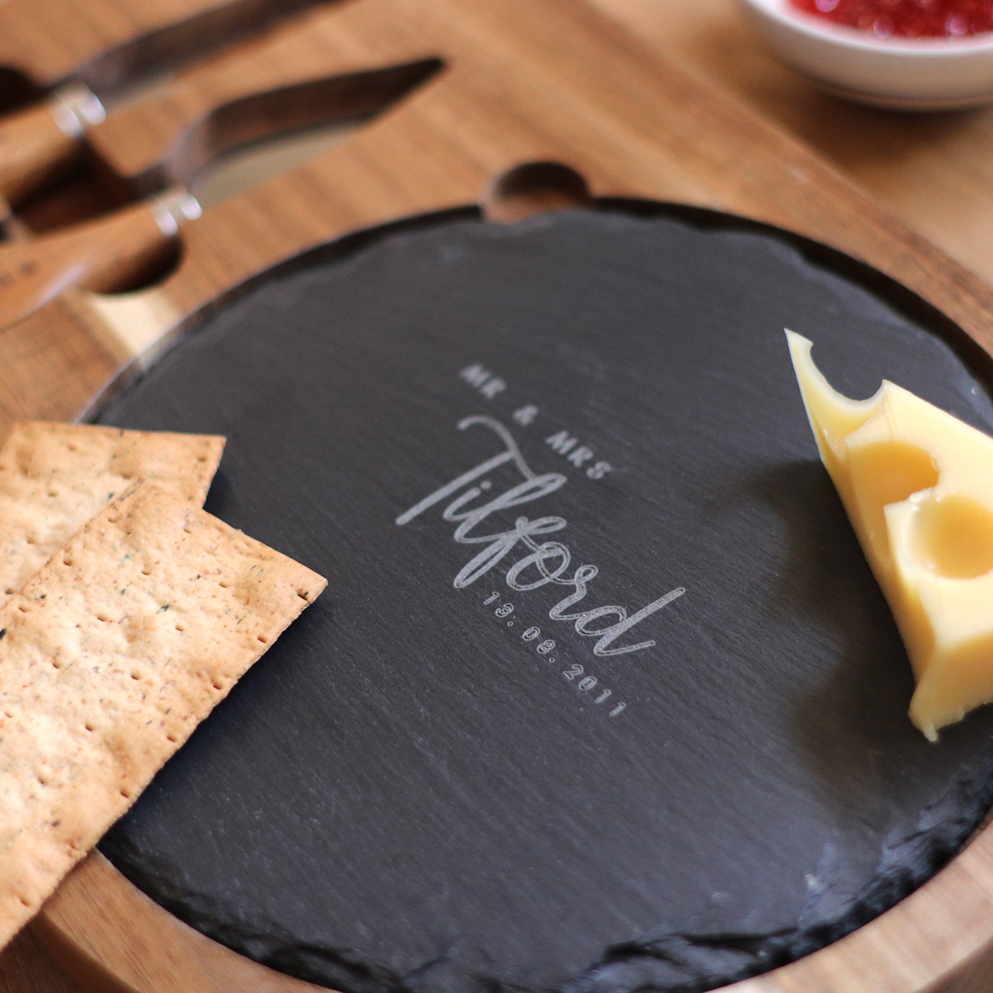 Personalised Slate & Wood Cheese Board with Knives