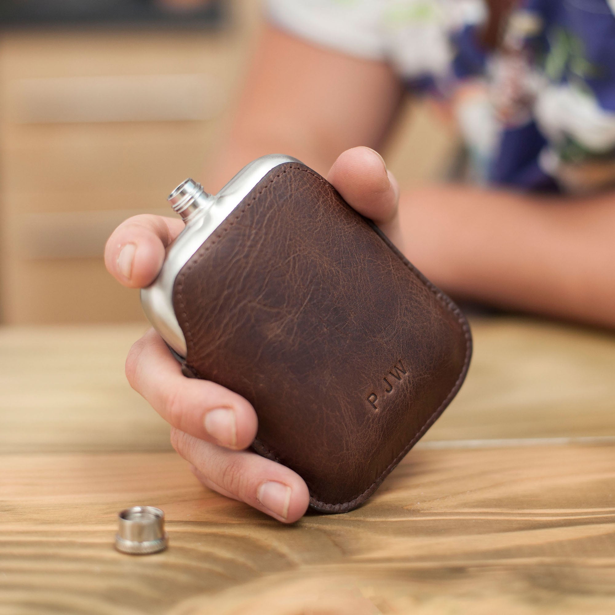 Stainless Steel Hip Flask With Personalised Leather Sleeve - Brown