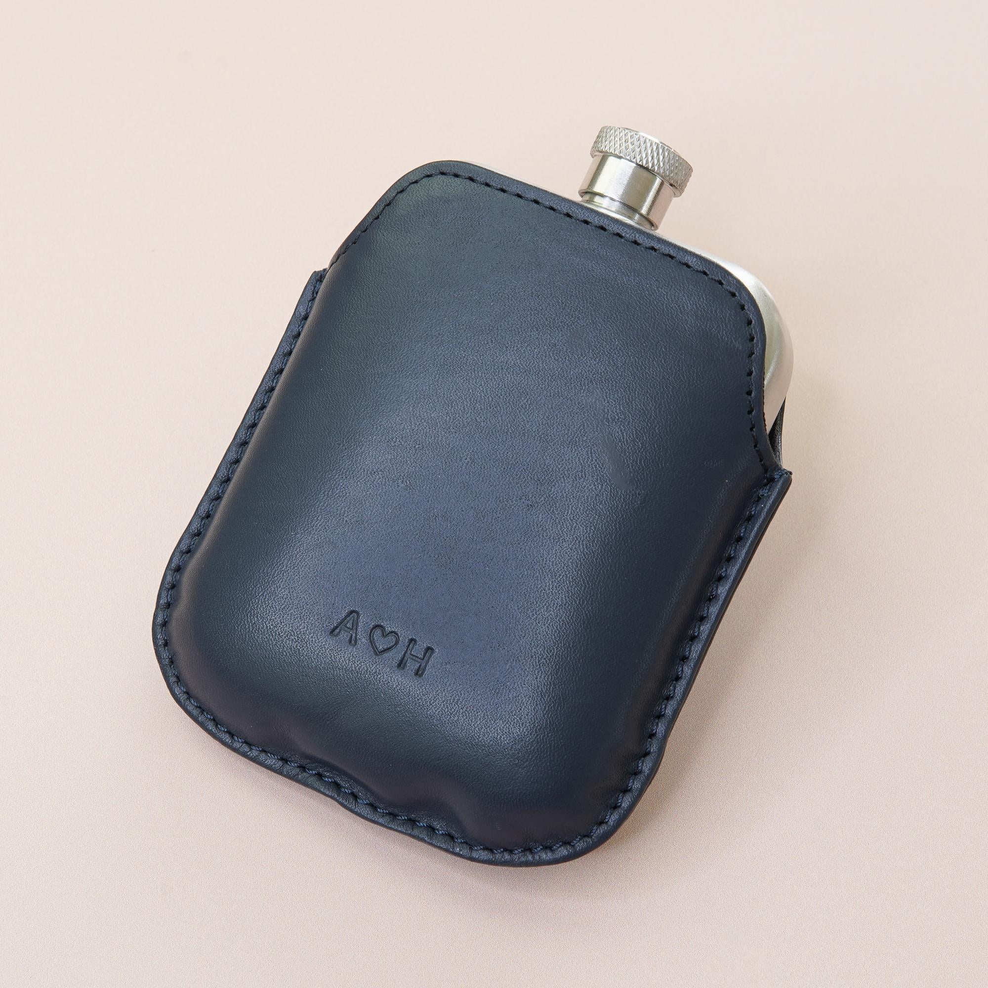 Stainless Steel Hip Flask With Personalised Leather Sleeve - Navy