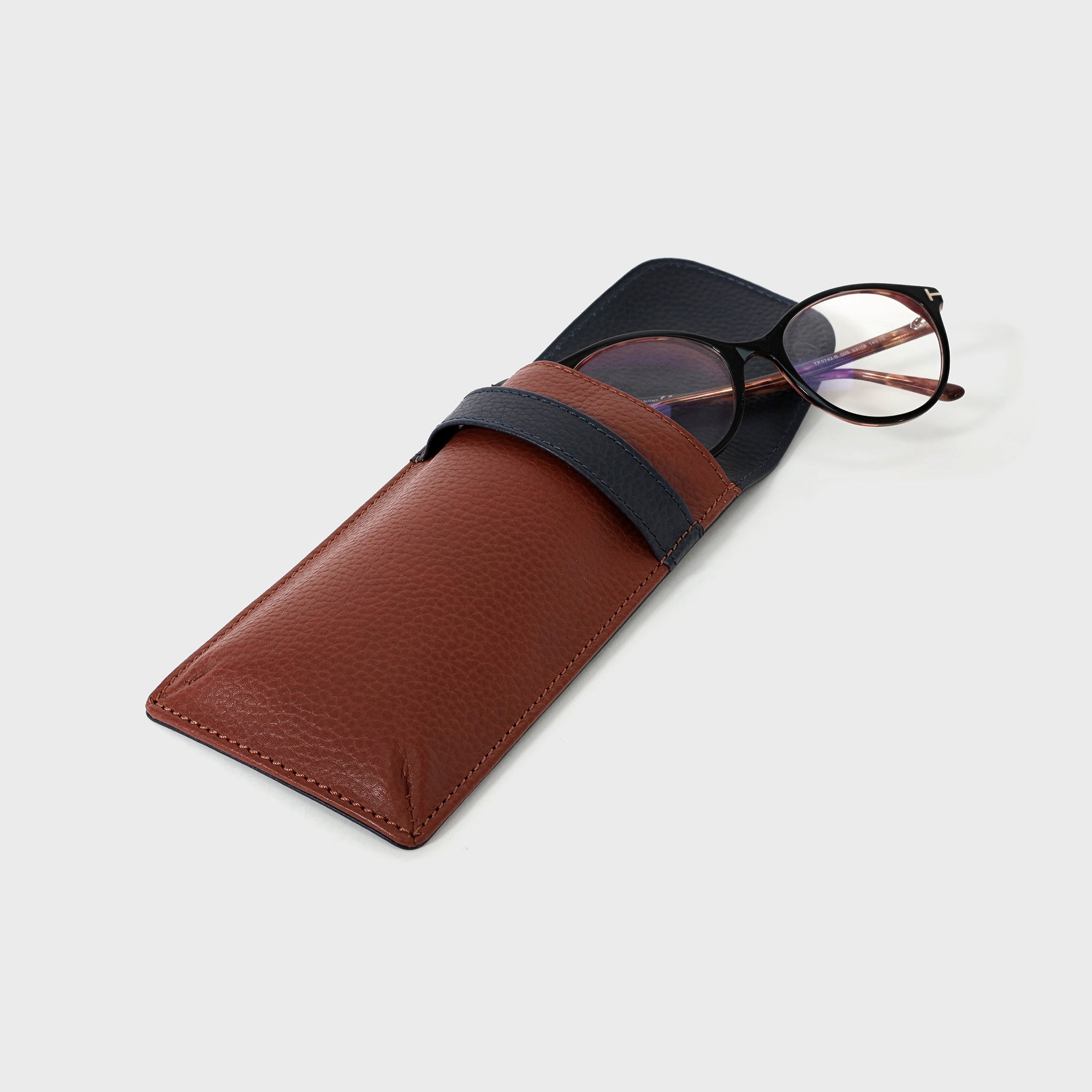 Personalised Pebble Grain Leather Fold Over Glasses Case - Navy / Tan