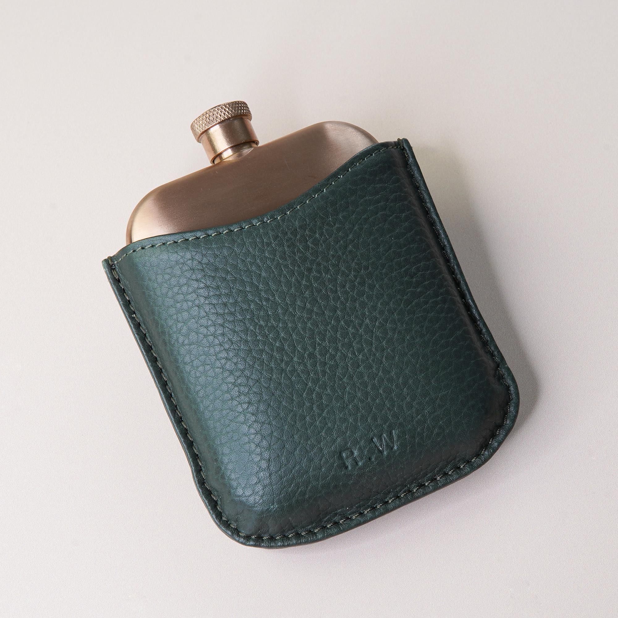 Copper Hip Flask With Personalised Pebble Grain Leather Sleeve - Green