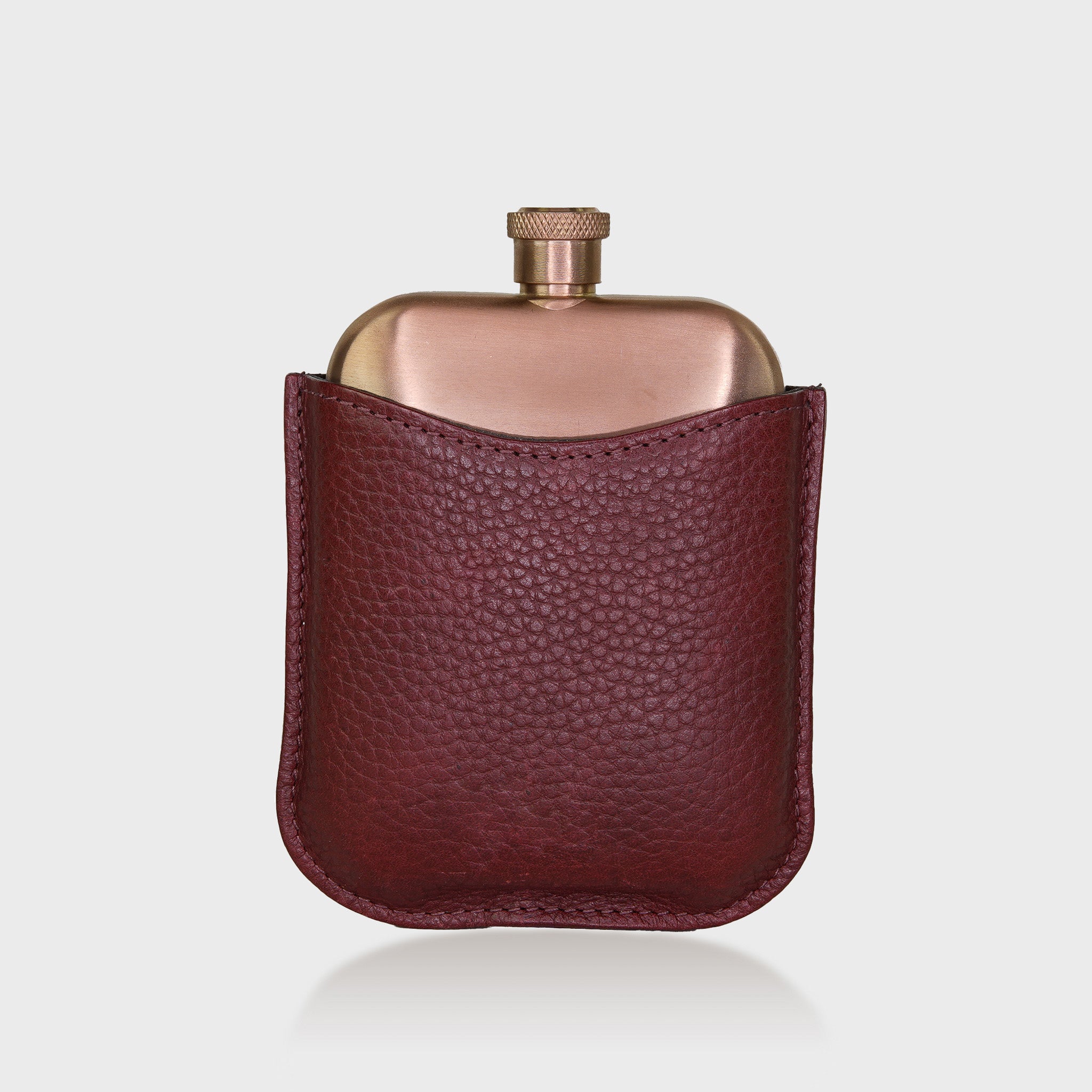 Copper Hip Flask With Personalised Pebble Grain Leather Sleeve - Cherry