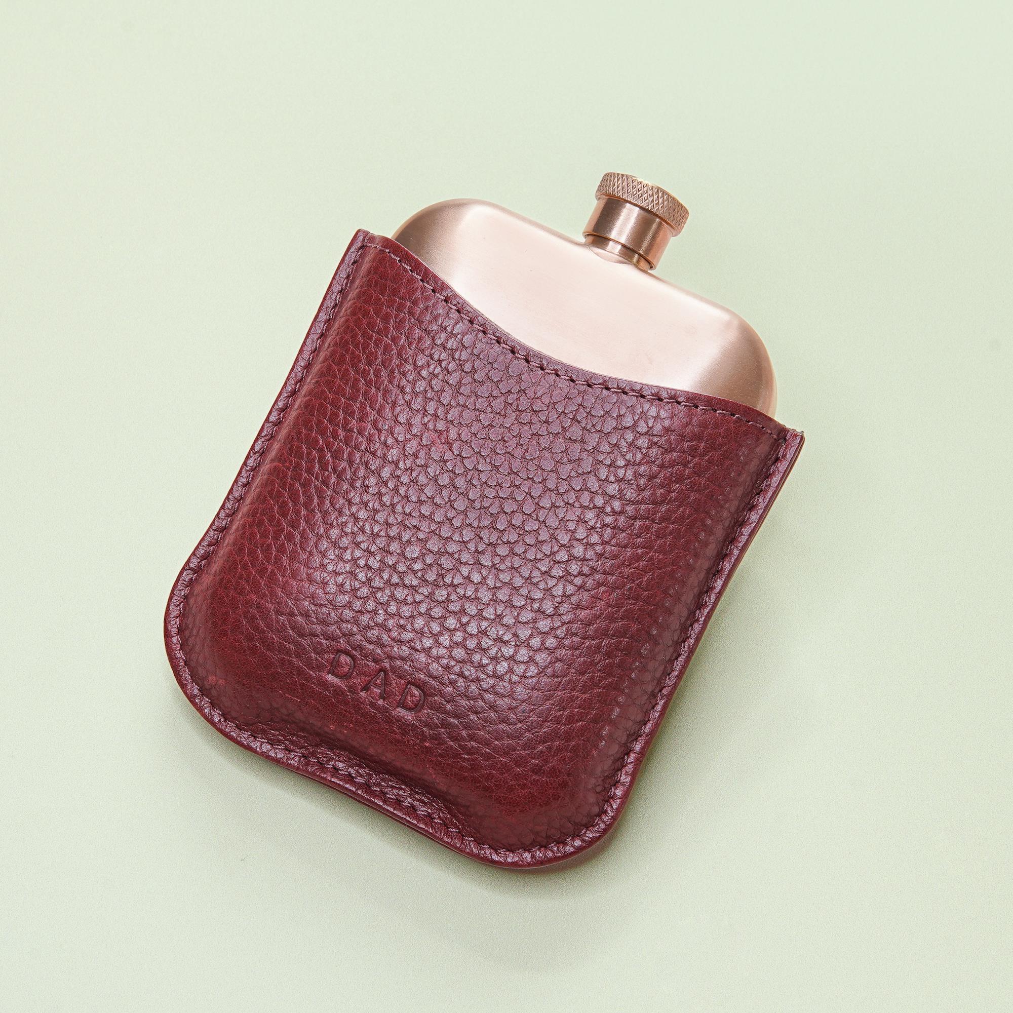 Copper Hip Flask With Personalised Pebble Grain Leather Sleeve - Cherry