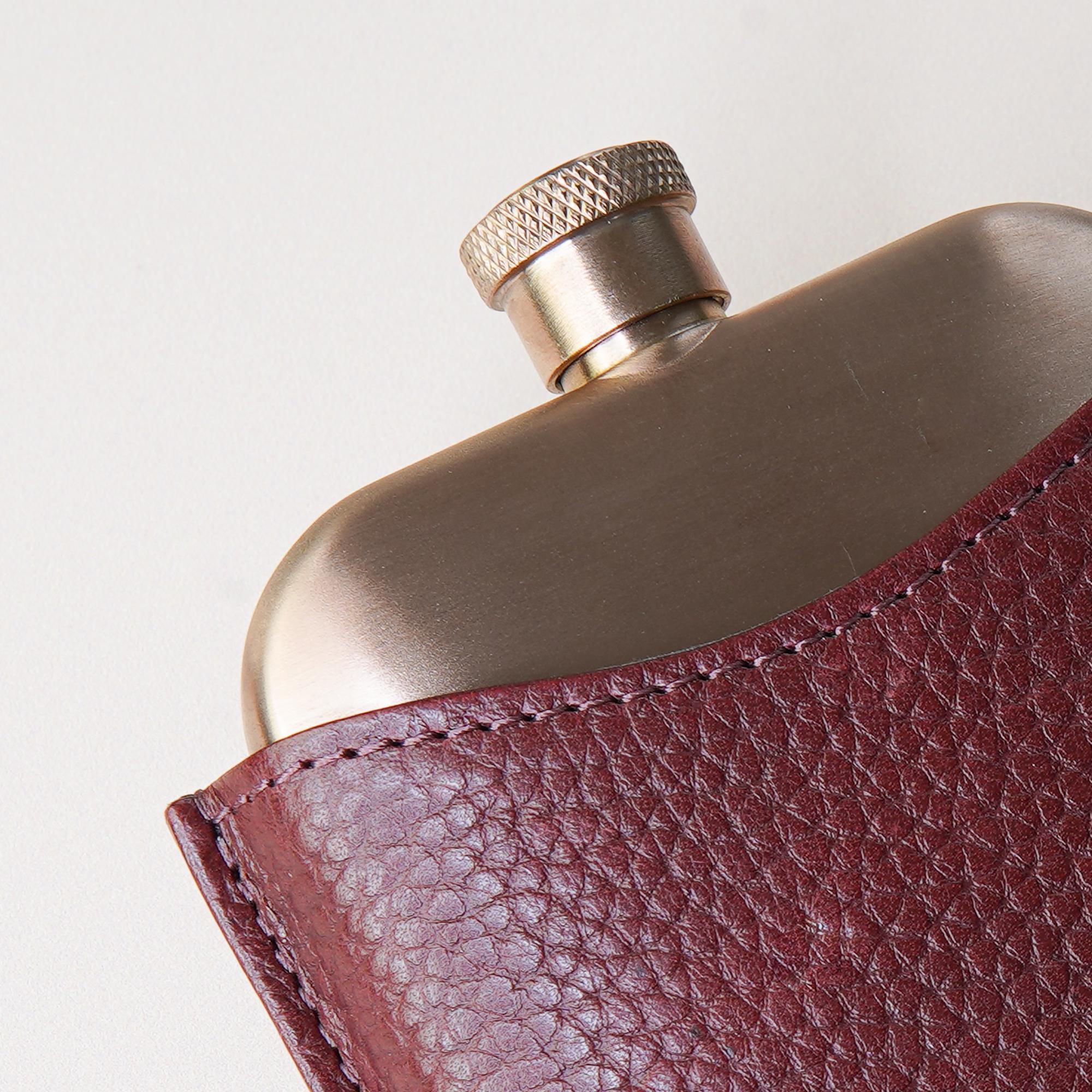 Copper Hip Flask With Personalised Pebble Grain Leather Sleeve - Cherry