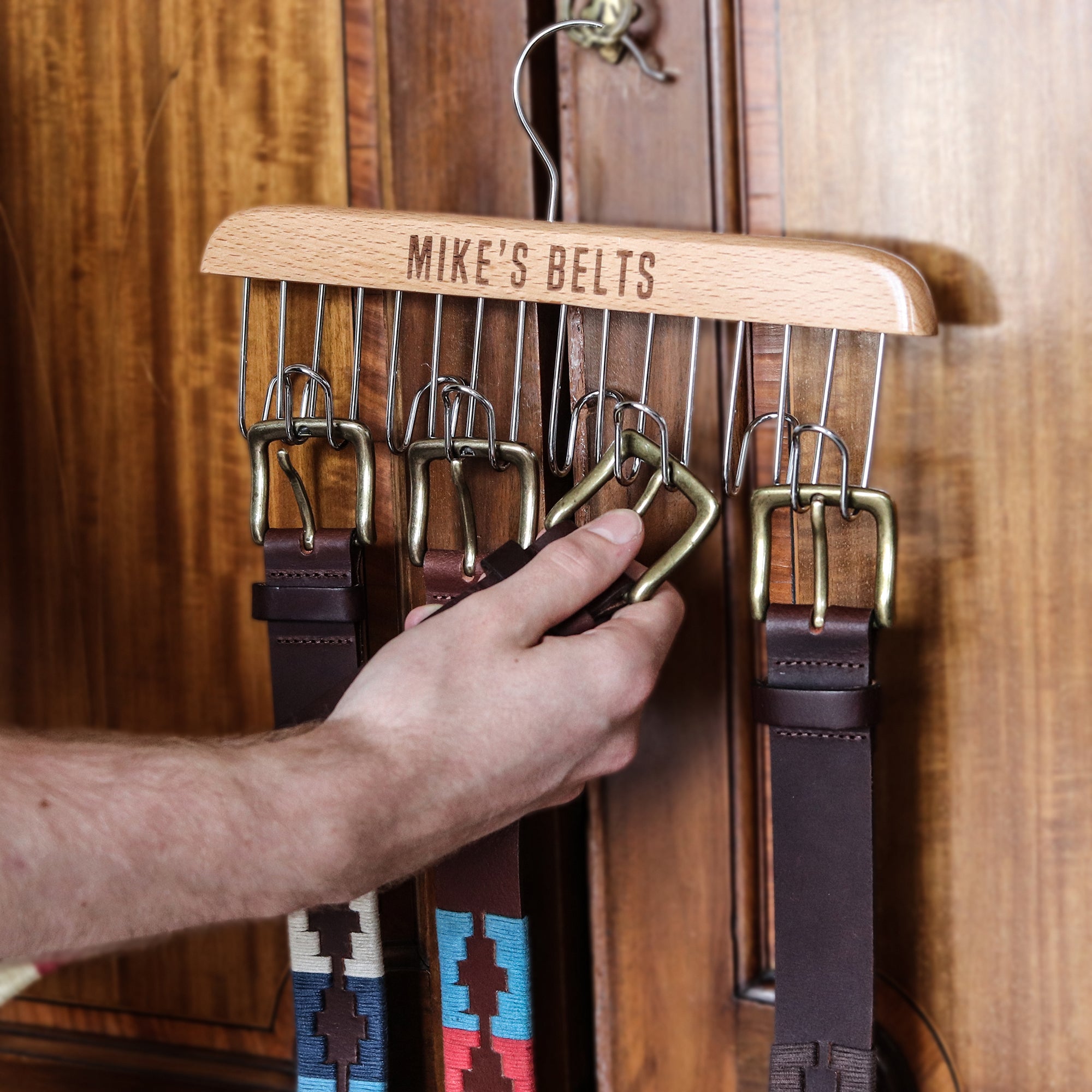 Personalised Wooden Belt Rack