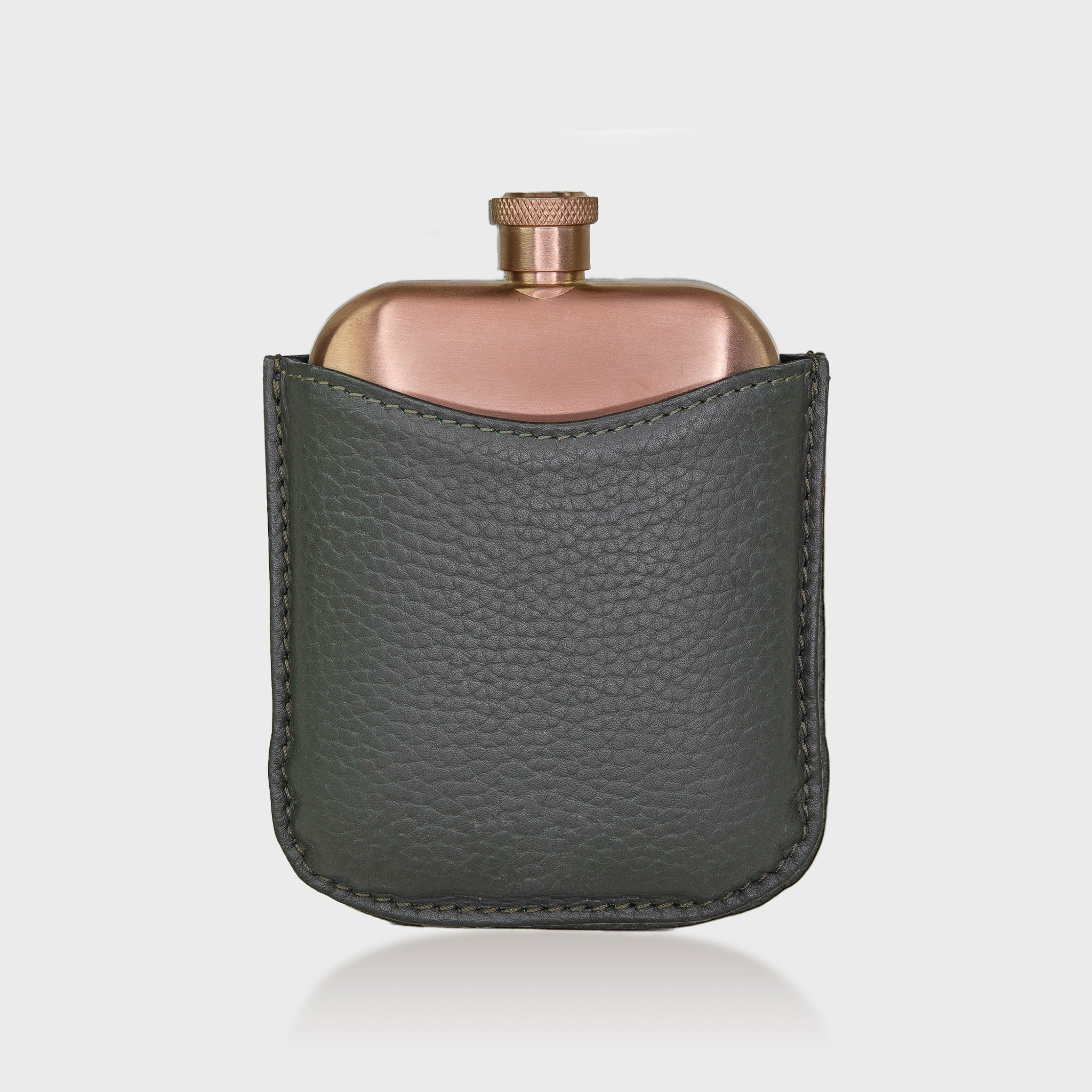 Copper Hip Flask With Personalised Pebble Grain Leather Sleeve - Green