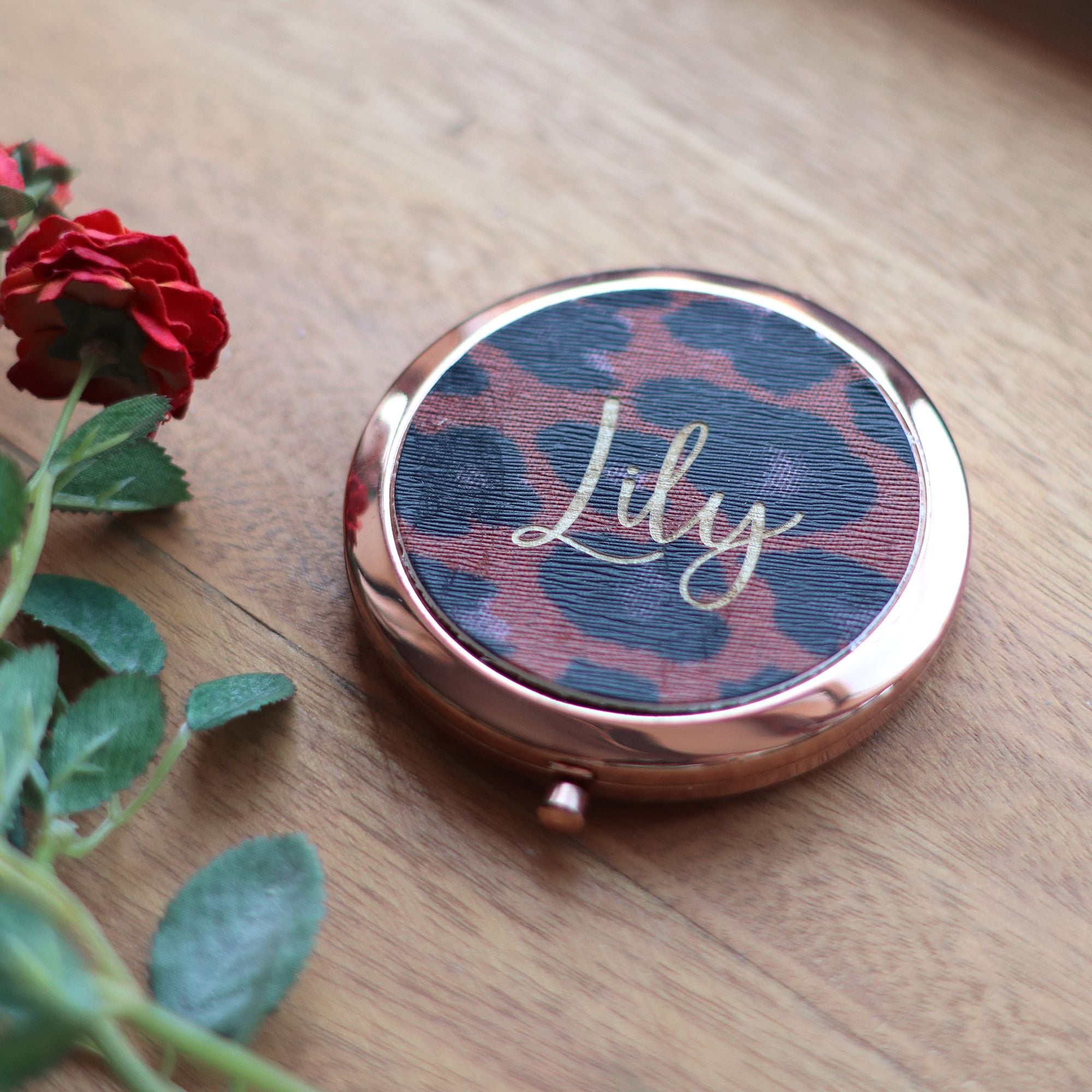 Rose Gold Mirror with Personalised Leather Lid