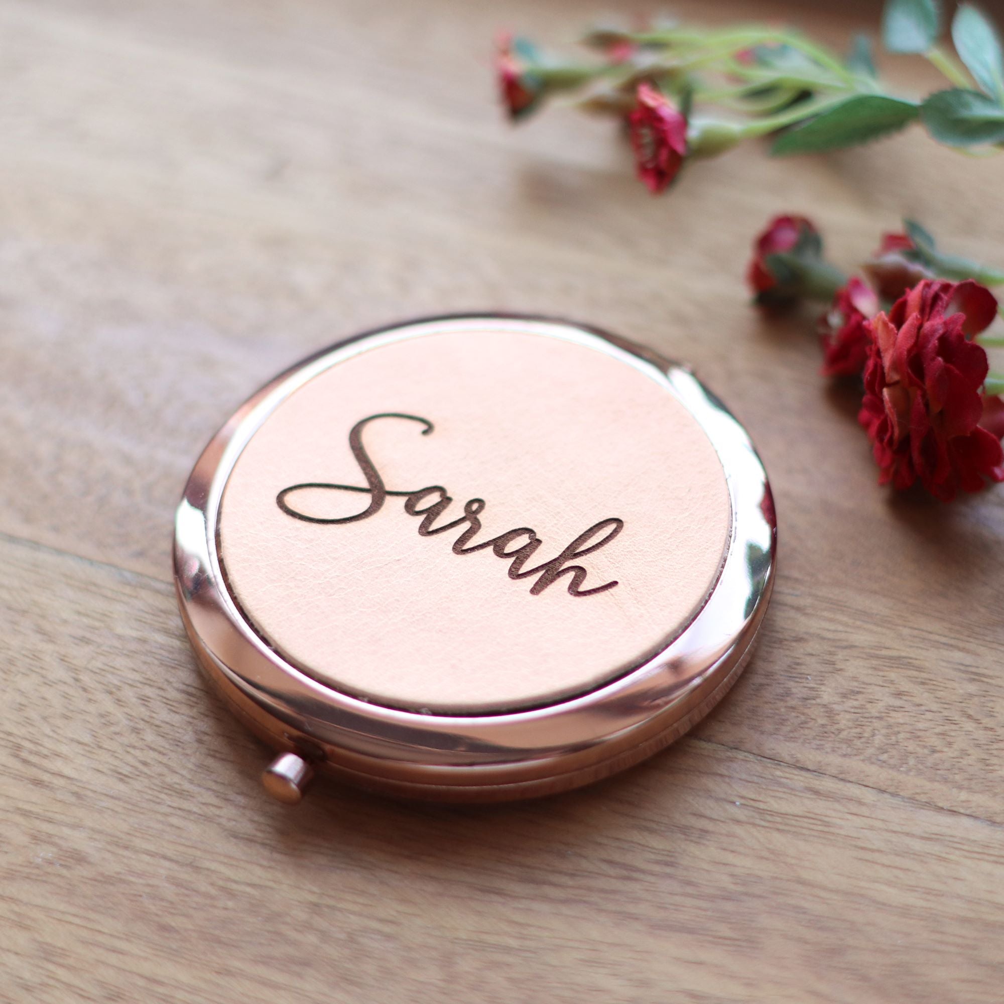 Rose Gold Mirror with Personalised Leather Lid