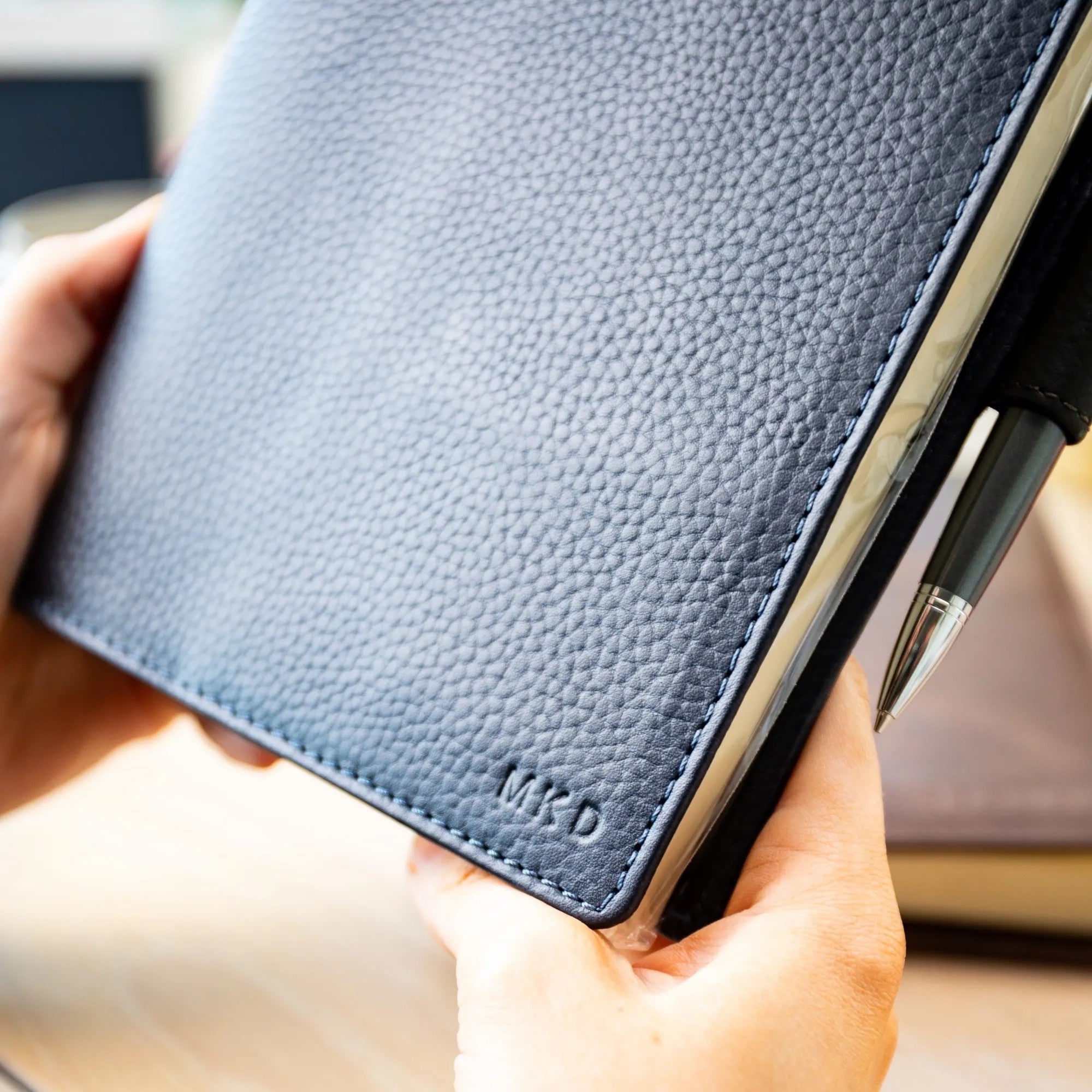 Personalised Pebble Grain Leather Notebook - Navy / Bottle Green