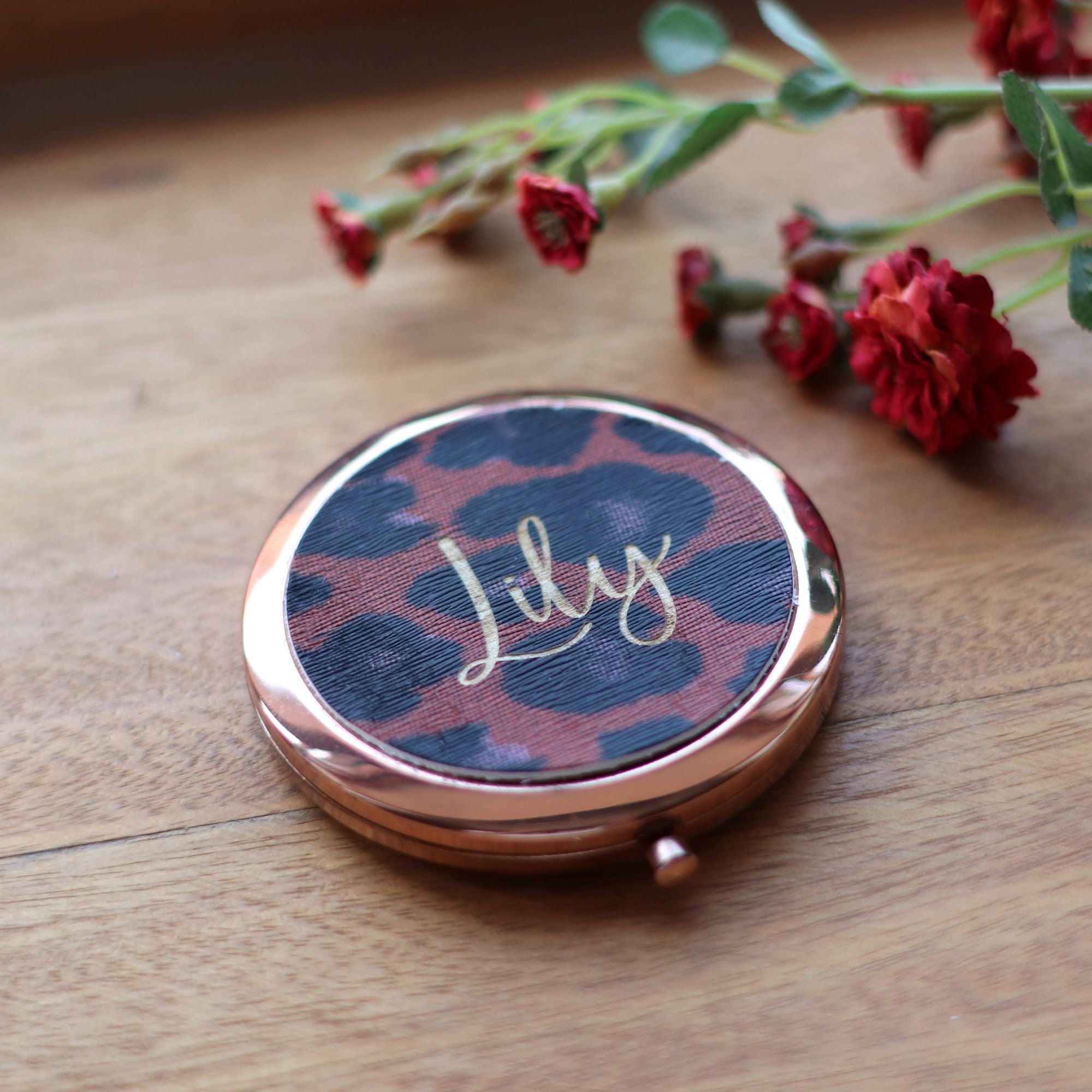 Rose Gold Mirror with Personalised Leather Lid