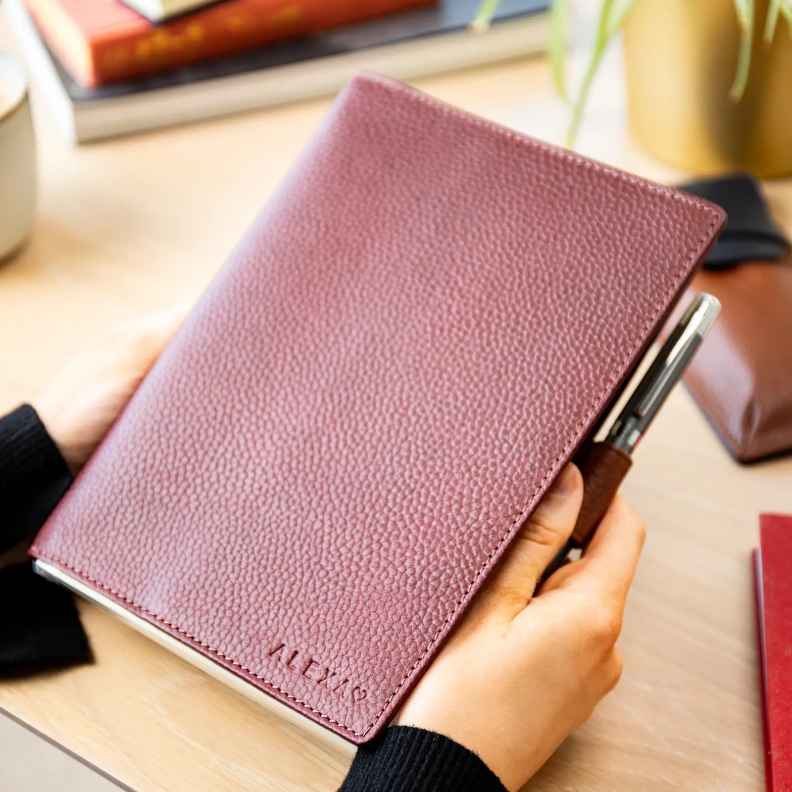 Personalised Pebble Grain Leather Diary - Burgundy / Tan