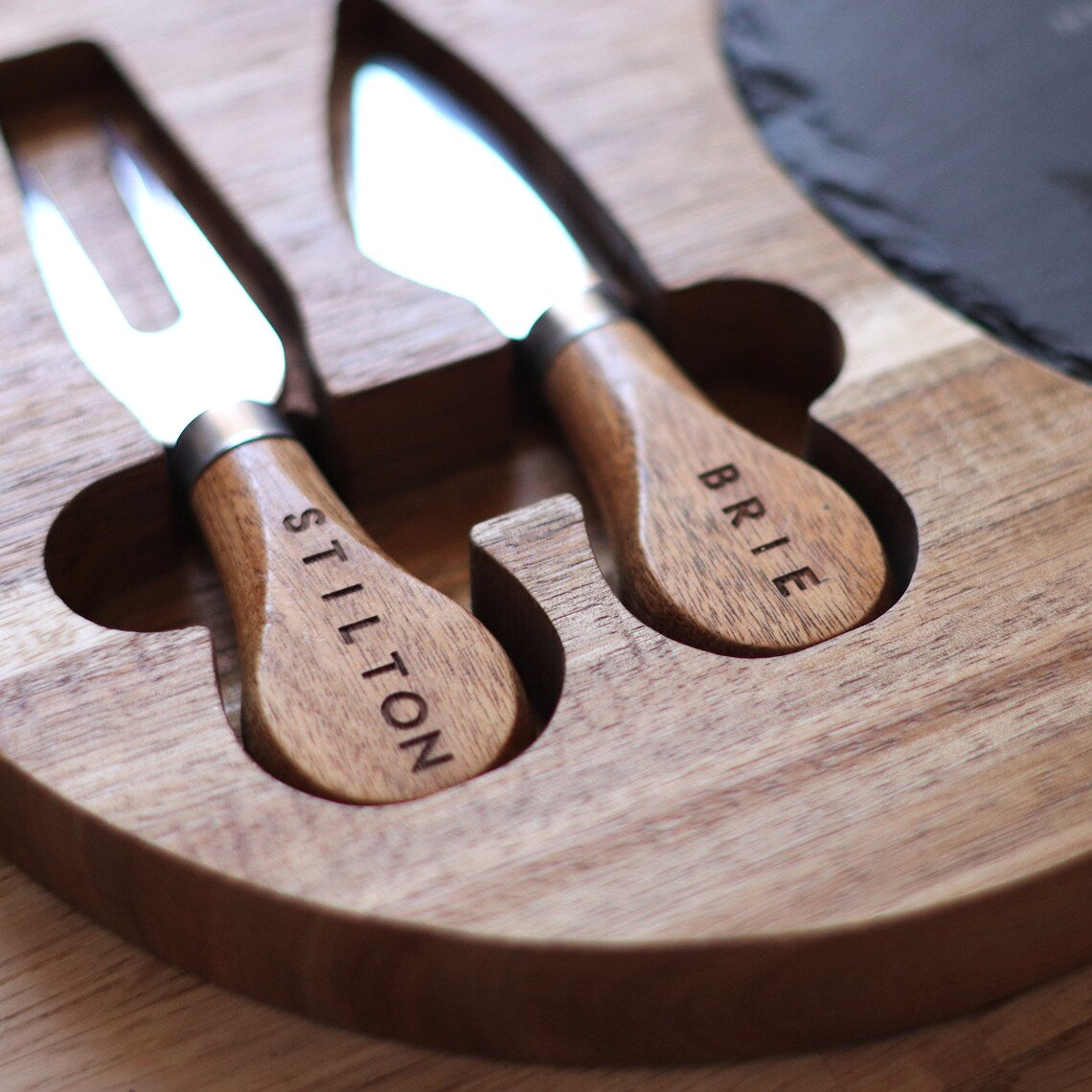 Personalised Slate & Wood Cheese Board with Knives