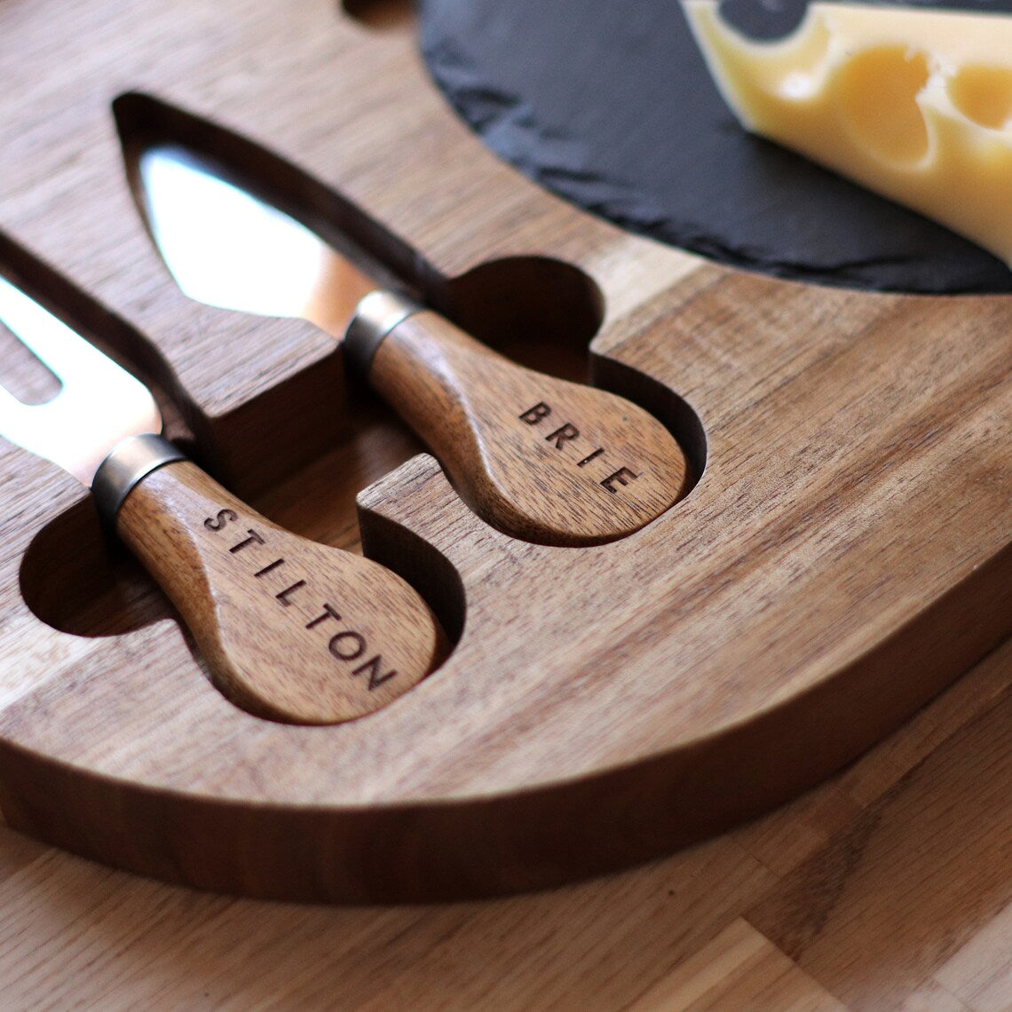 Personalised Slate & Wood Cheese Board with Knives