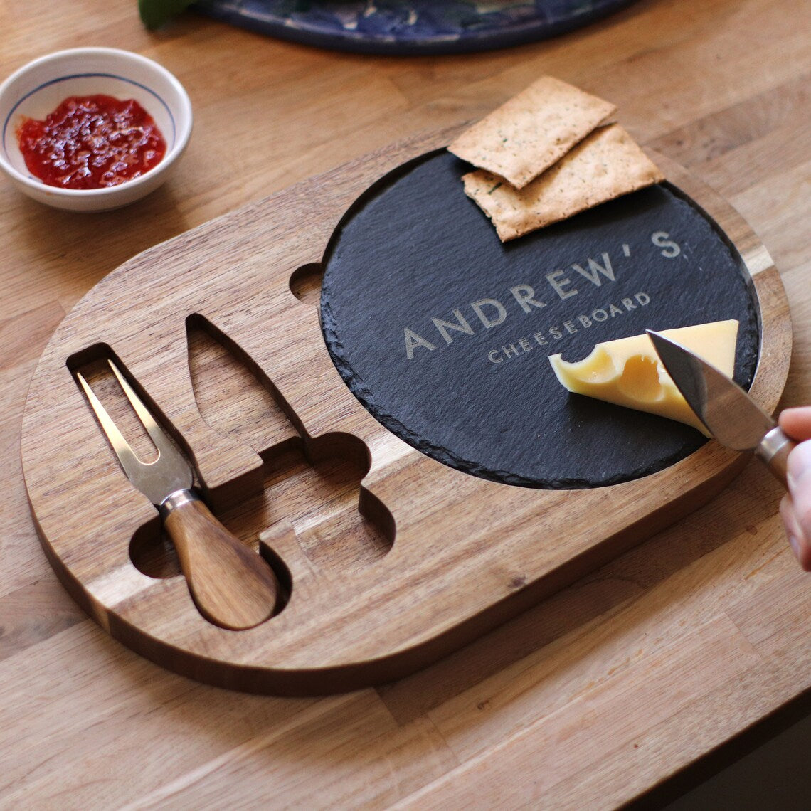 Personalised Slate & Wood Cheese Board with Knives