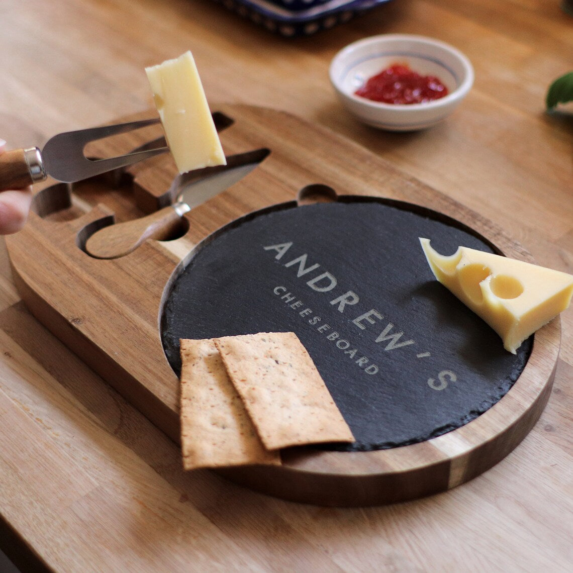 Personalised Slate & Wood Cheese Board with Knives