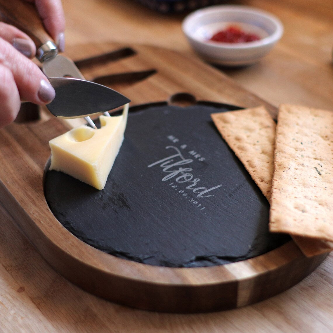 Personalised Slate & Wood Cheese Board with Knives