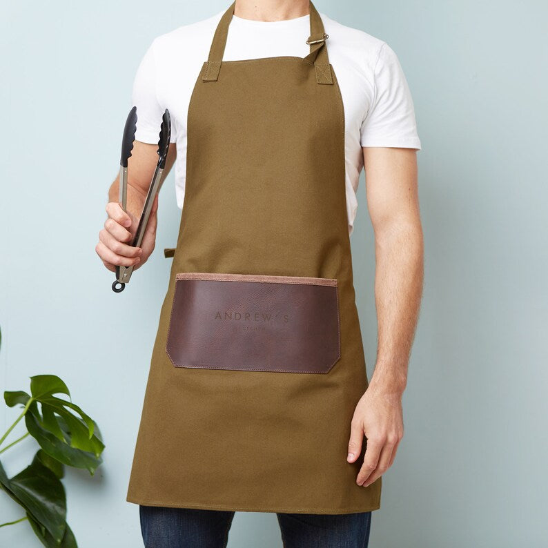 Personalised Leather and Canvas Apron - Olive