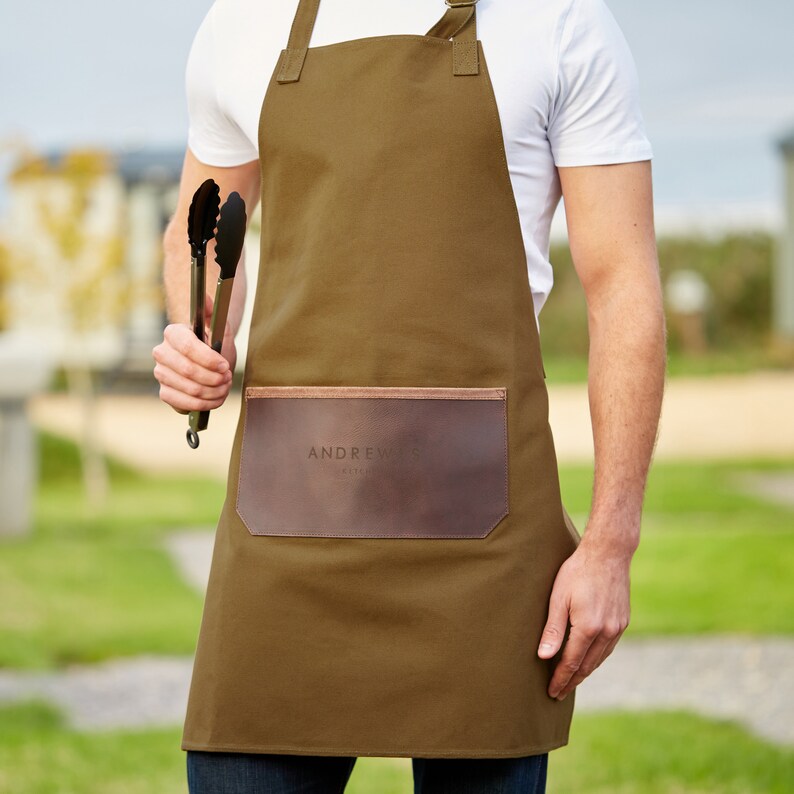 Personalised Leather and Canvas Apron - Olive