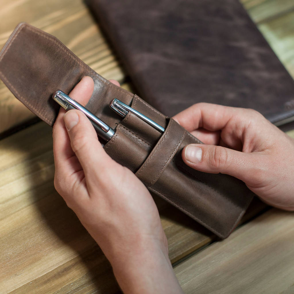 Pen and Pencil set with Personalised Leather Case - Brown