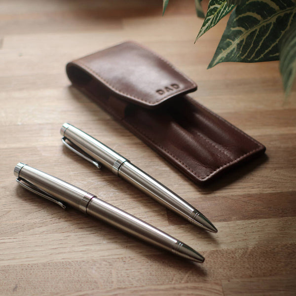Pen and Pencil set with Personalised Leather Case - Brown